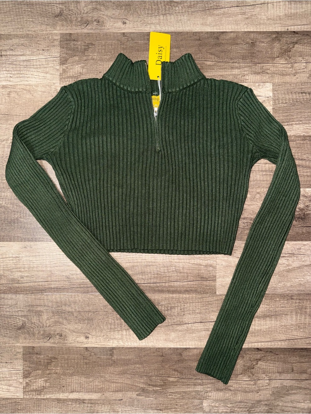 Daisy Dark Green Ribbed Half-Zip Crop Sweater